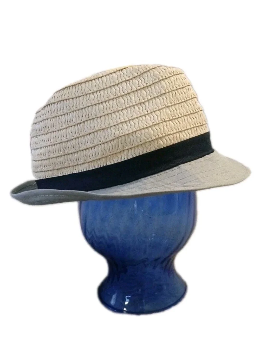 No Brand Tag Childrens Toddler Fidora  Sun Hat Natural with Gray Brim Navy Band